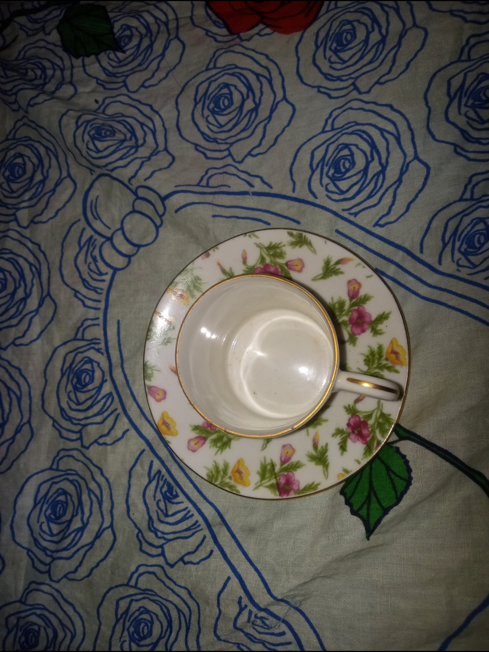 Vintage Floral Gold-Trim Teacup and Saucer - White with Pink & Yellow Flowers